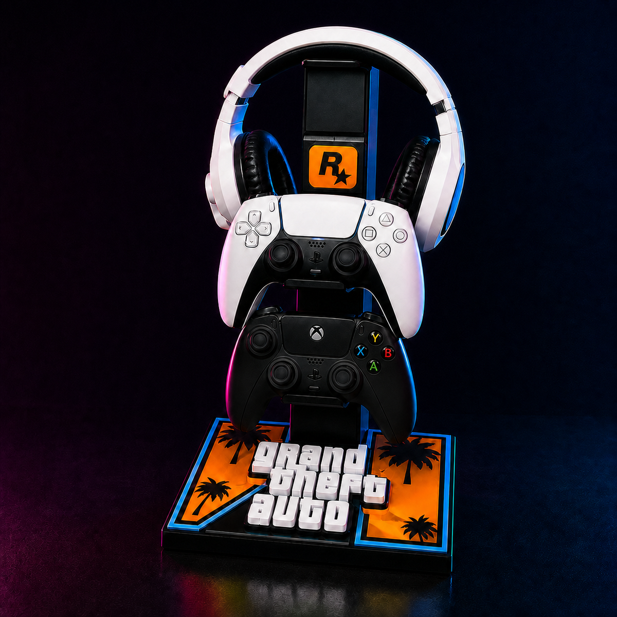 GTA-inspirierter 2-Controller- und Headset-Ständer mit korrekt angeordneten Tasten am schwarzen Controller