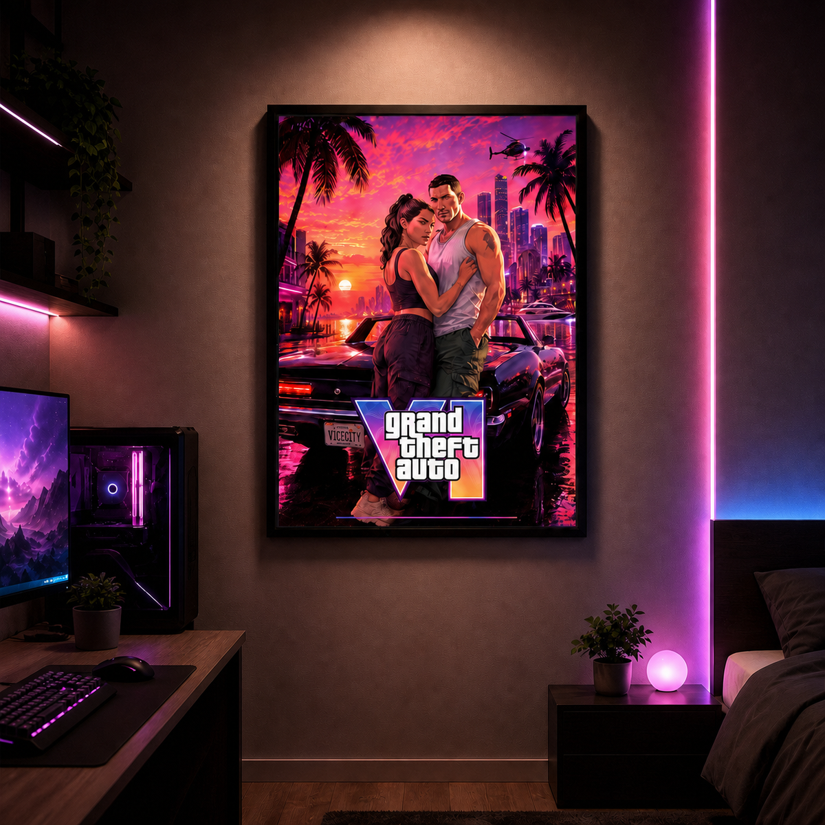 Gerahmtes GTA-inspiriertes VI-Gaming-Wandbild in einem Neon-Gamingzimmer
