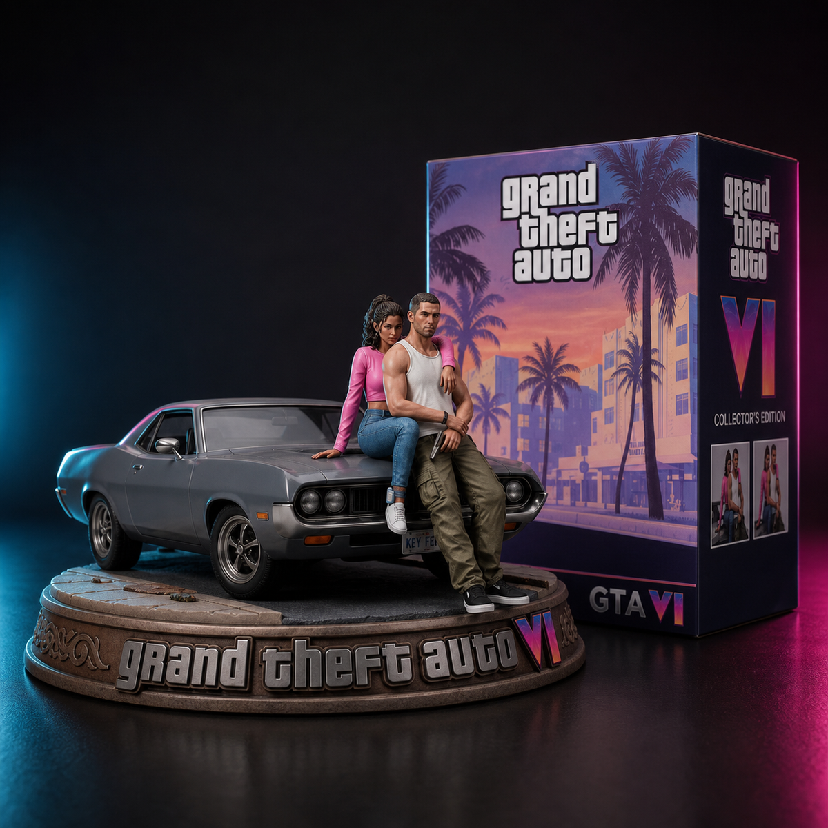 GTA-inspiriertes VI Sammler-Diorama mit grauem Muscle Car und zwei Figuren – Studioansicht