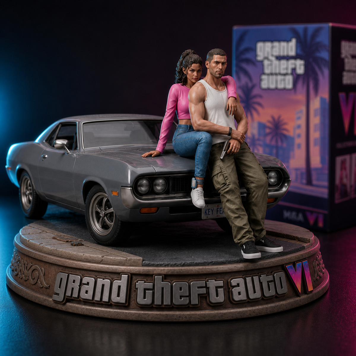 Detailansicht des GTA-inspirierten VI Sammler-Dioramas mit Muscle Car, Figuren und Sockel