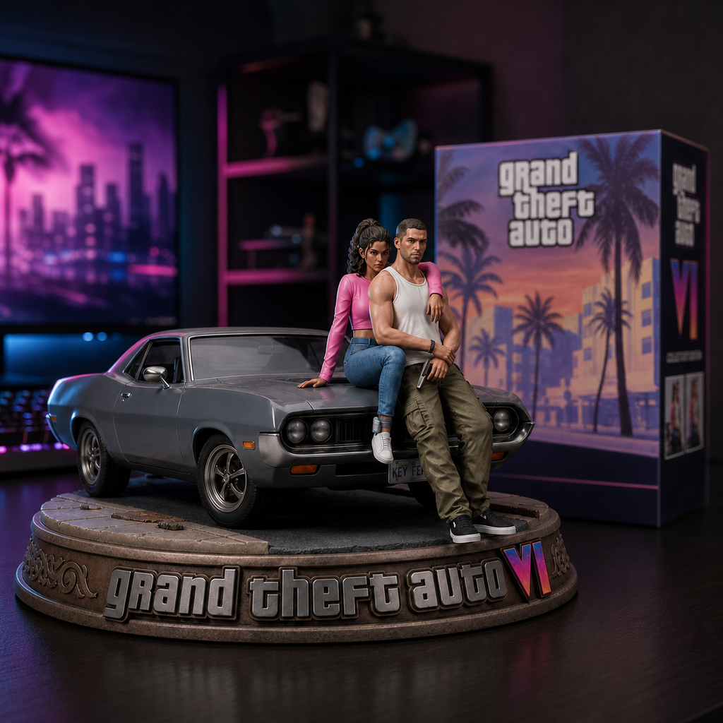 GTA-inspiriertes VI Sammler-Diorama als Sammlerstück im beleuchteten Gaming-Setup