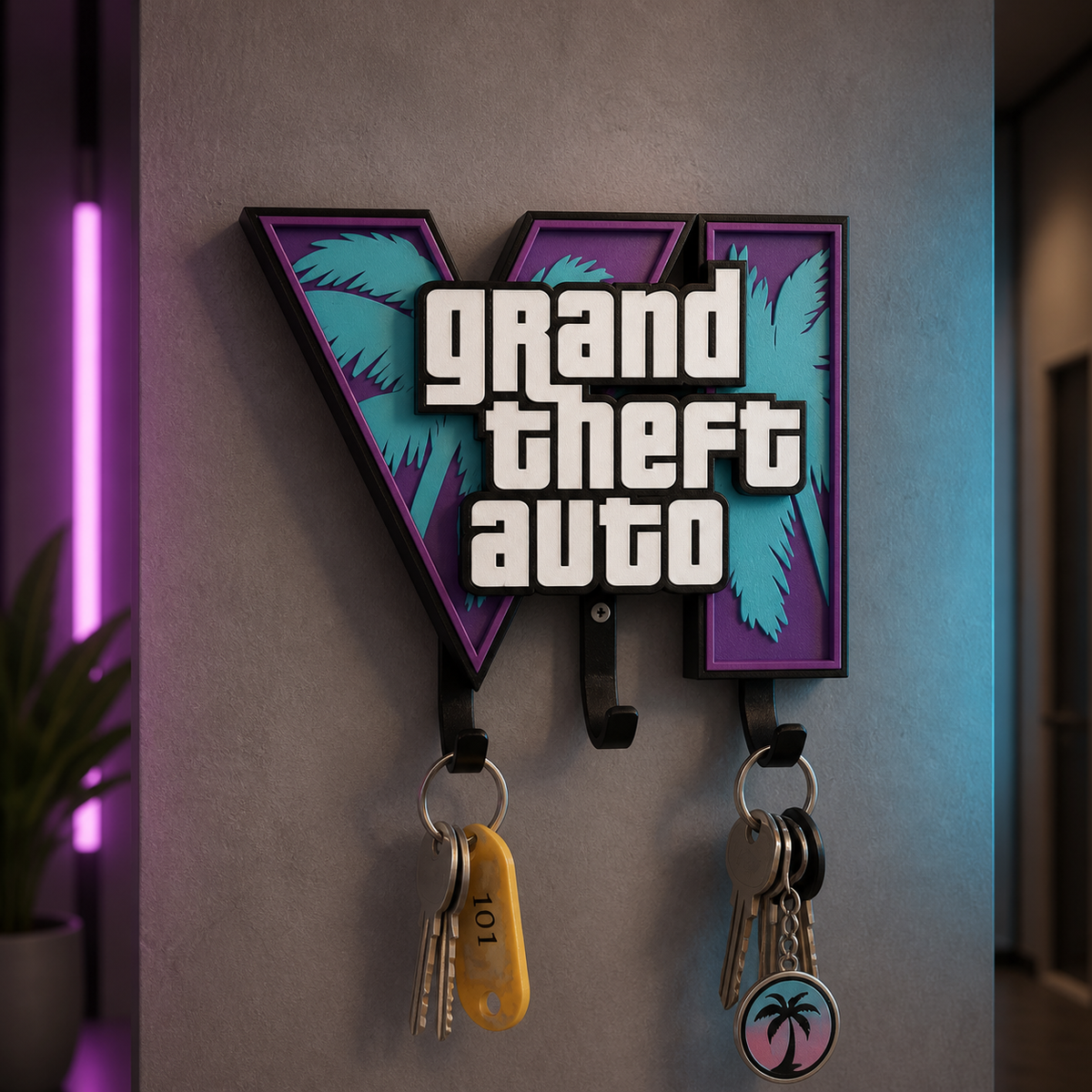 Wandmontierter GTA-inspirierter VI-Schlüsselhalter mit drei Haken