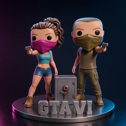 VI Heist Sammler-Figuren mit Tresor – professionelle Neon-Studioaufnahme