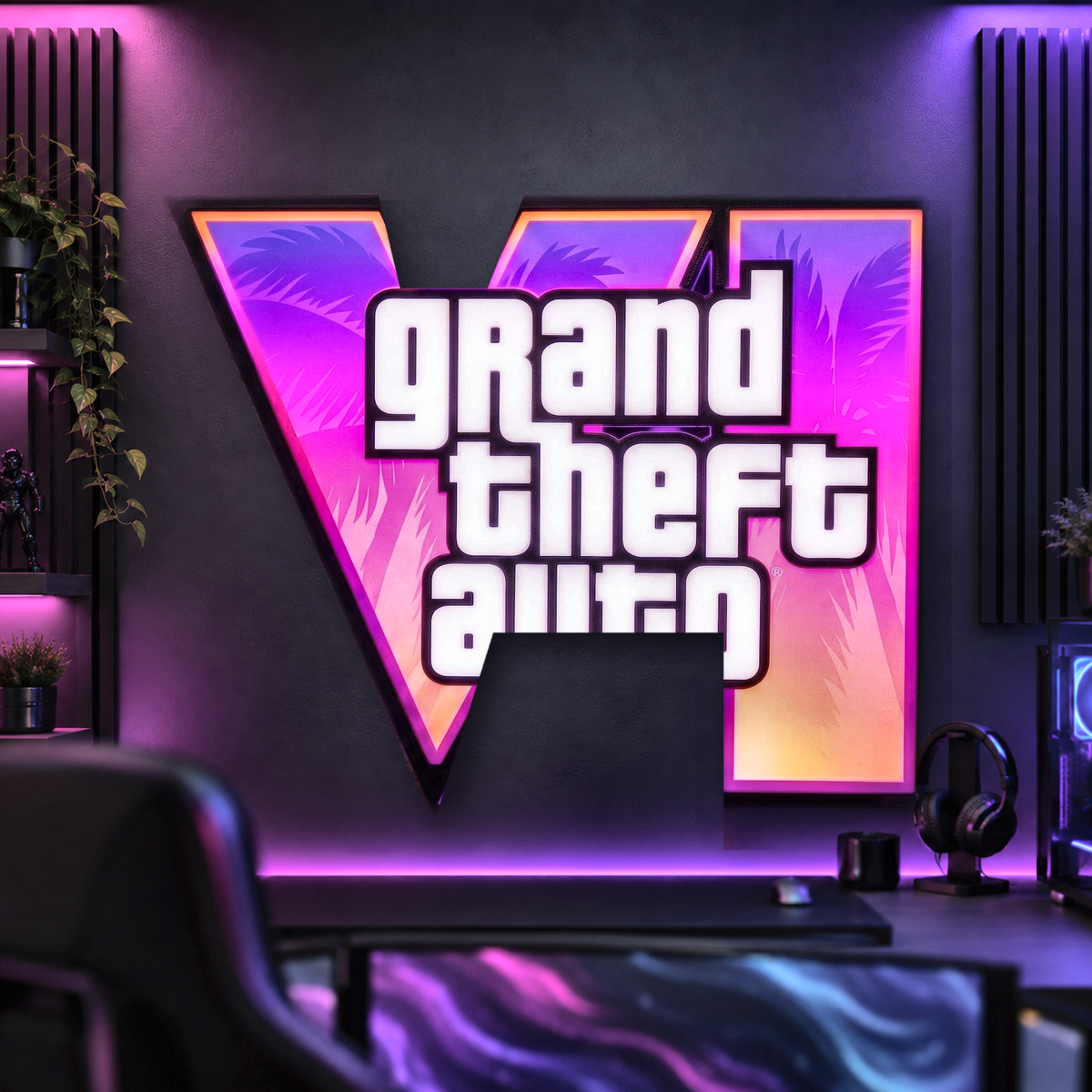VI Logo LED-Wanddekoration in einem modernen Gaming-Zimmer – Gesamtansicht