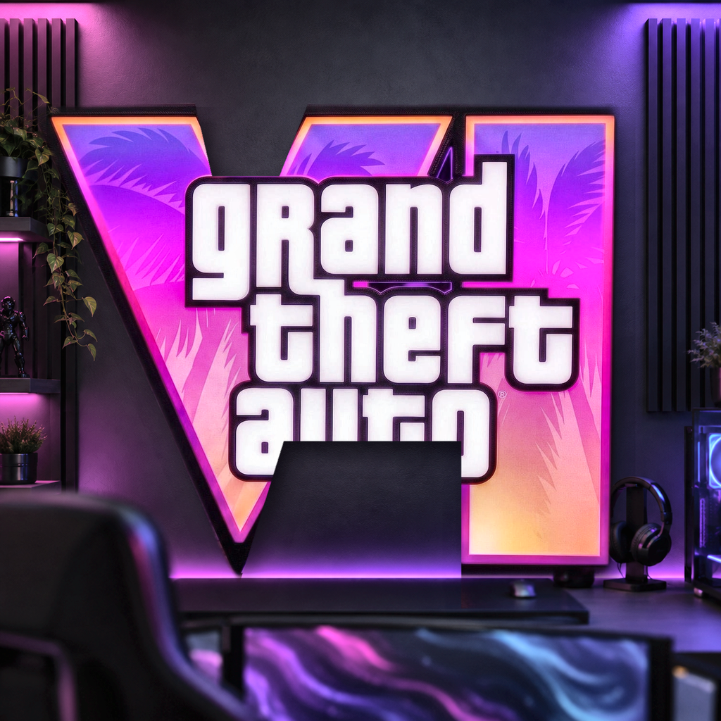 Beleuchtete VI Logo Wanddekoration im pink-violetten Gaming-Setup